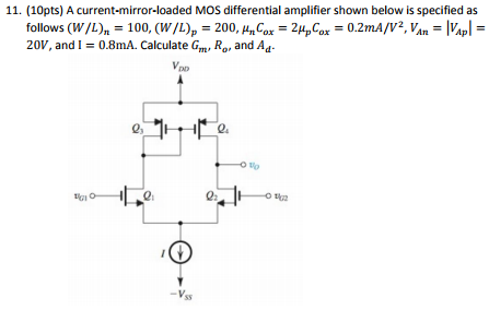 Solved A Current Mirror Loaded MOS Differential Amplifier Chegg