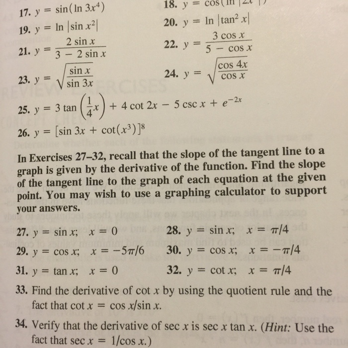 Solved Y Sin Ln 3x 4 Y Ln Sin X 2 Y Ln Tan 2 X Chegg