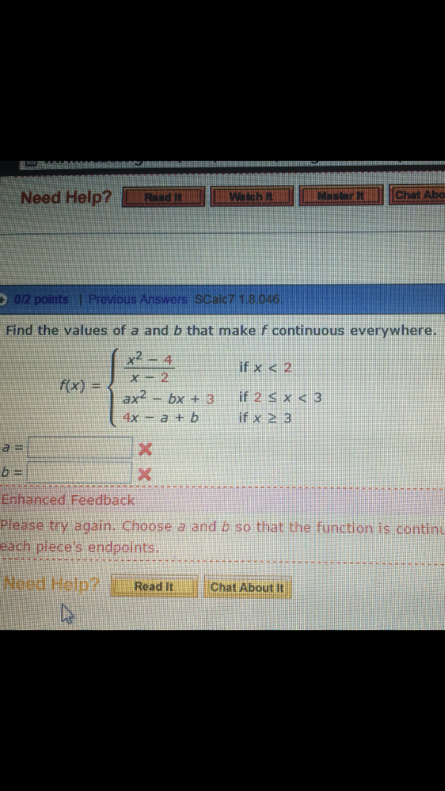 Solved Find The Values Of A And B That Make F Continuous Chegg