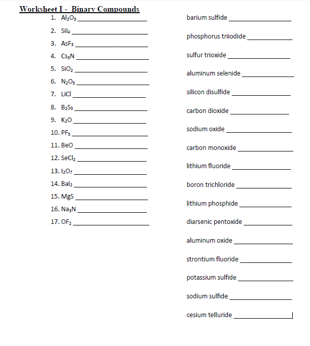 Worksheet Binary Molecular Compounds