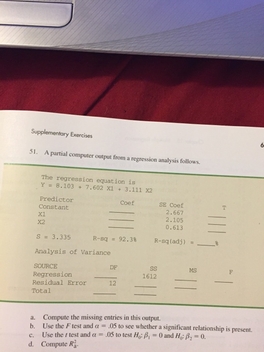 Solved Supplementary Exercises A Partial Computer Output Chegg