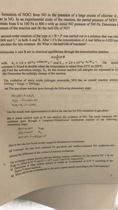 Solved The Oxidation Of Nitric Oxide Nitrogen Monoxide Chegg