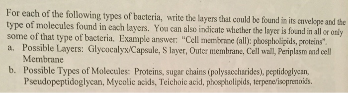 Solved For Each Of The Following Types Of Bacteria Write Chegg