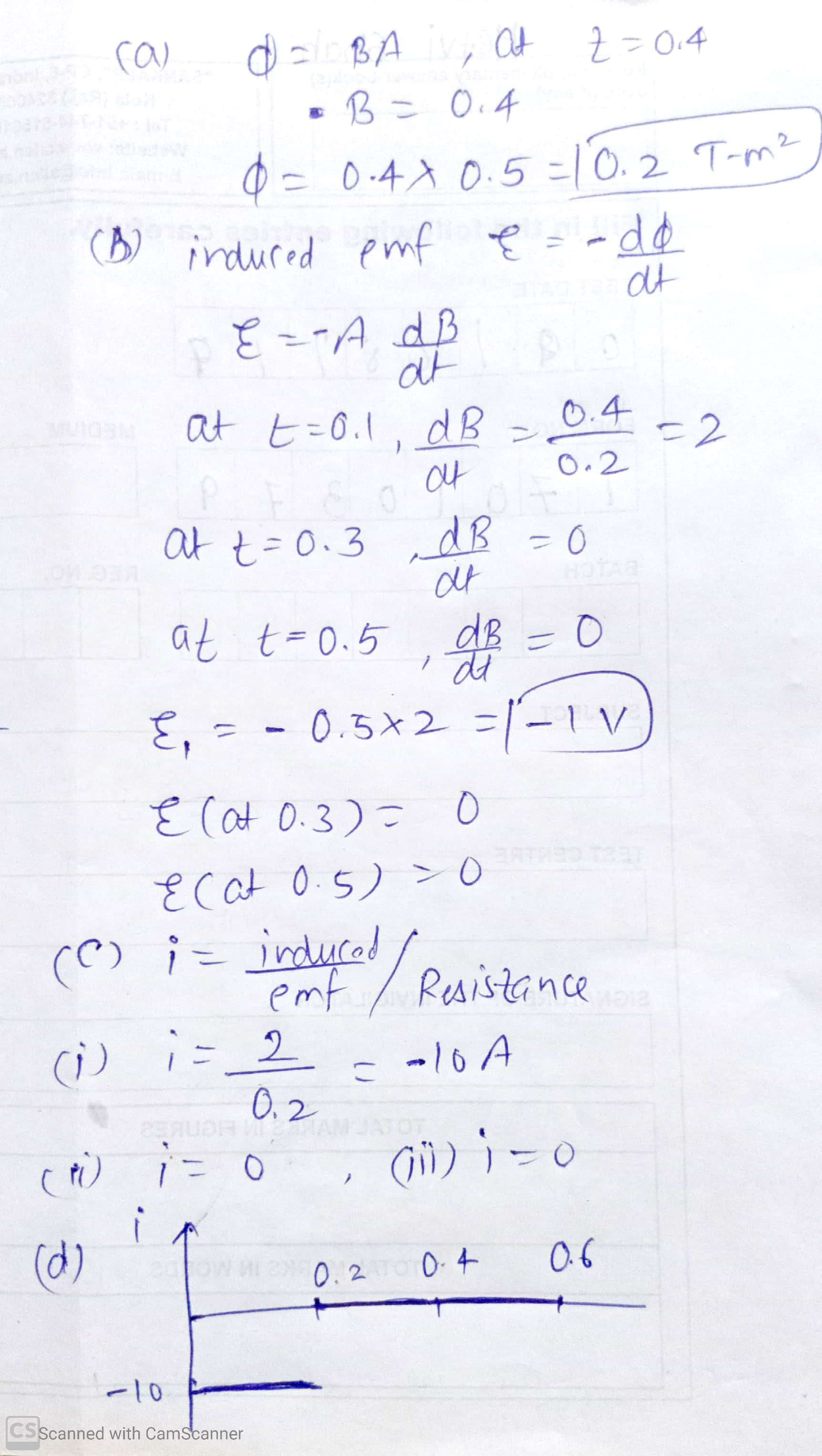 ca) d = BA at z=014\n=B= 0.4\nd = 0.40 0.5=10.2 T-m²\n(B) indured emf € = - de\nE --A of\nat t=0.1, dB = 0.4 = 2\npe\nof 0.2\nat t = 