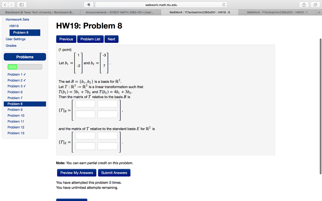 math ttu blackboard tech texas problem webwork solved homework linear problems transcribed text been answer transformation