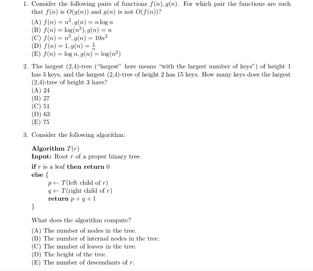 Solved 1 Consider The Following Pairs Of Functions F N Chegg Com