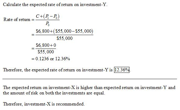 Calculate the expected rate ofreturm on investment-Y C+(R-P) Rate of return = S6,800+(S55,000-S55,000) $55,000 $6,800 0 S55,0