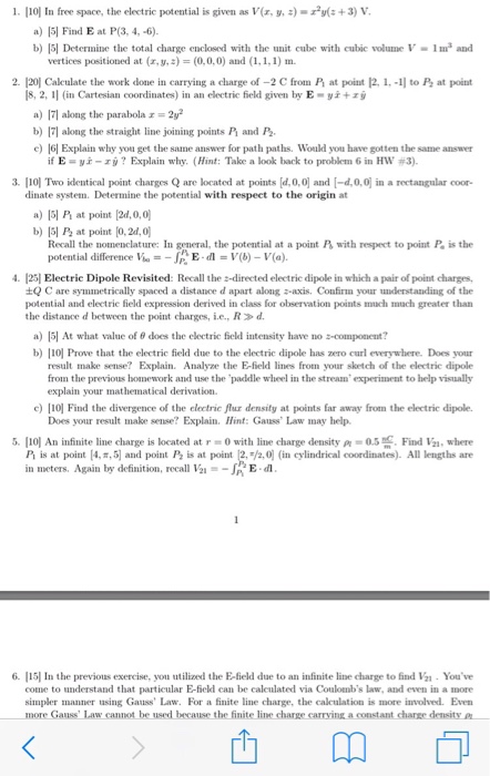 Solved In Free Space The Electric Potential Is Given As Chegg Com