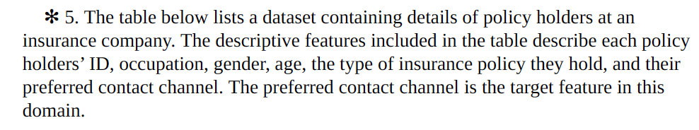 ** 5. the table below lists a dataset containing details of policy holders at an insurance company. the descriptive features included in the table describe each policy holders id, occupation, gender, age, the type of insurance policy they hold, and their preferred contact channel. the preferred contact channel is the target feature in this domain.