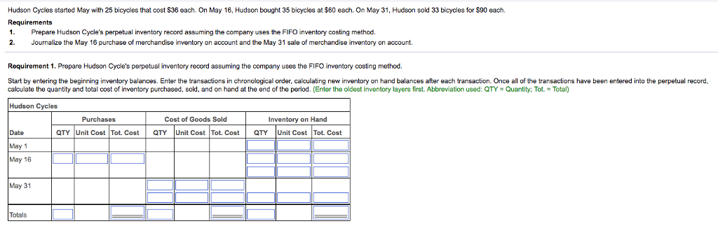 Hudson Cycles started May with 25 bicycles that cost $36 each. On May 16, Hudson bought 35 bicycles at $60 each. On May 31, Hudson sold 33 bicycles for $90 each Requirements 1. Prepare Hudson Cycles perpetual inventory record assuming the company uses the FIFO inventory costing method. 2. Journalize the May 16 purchase of merchandise inventory on account and the May 31 sale of merchandise inventory on account. Requirement 1. Prepare Hudson Cycles perpetual inventory record assuming the company uses the FIFO inventory costing method. Start by entering he beginning nventory balances. Enter he ansactions n chronological order, calculating new ventary on hand balances a erea transaction. nce a ofthe an actions have been entered n calculate the quantity and total cost ofinventory purchased, sold, and on hand at the end of the period. Enter the oldest inventory ayers st. Abbre ation used: Y uan y Tt-tal he perpetua cor Purchases Cost of Goods Sold Inventory on Hand ar unit Cost? Cost Date May 1 May 16 QTY Unit Cost Tot. Cost QTY Unit Cost Tot. Cost Totals