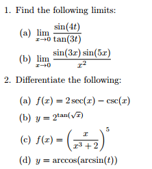 1 Find The Following Limits A Lim X 0 Chegg Com