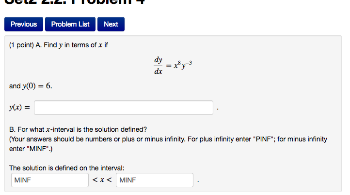 Solved Find Y In Terms Of X If Dy Dx And Y X For What Chegg Com