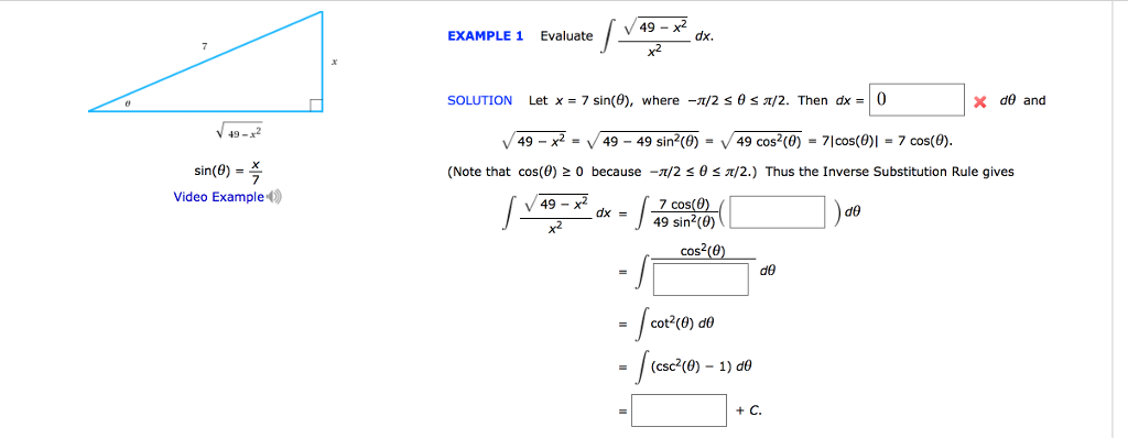Solved 49 Example 1 Evaluate X2 Solution Let X 7 Sin 8 Chegg Com