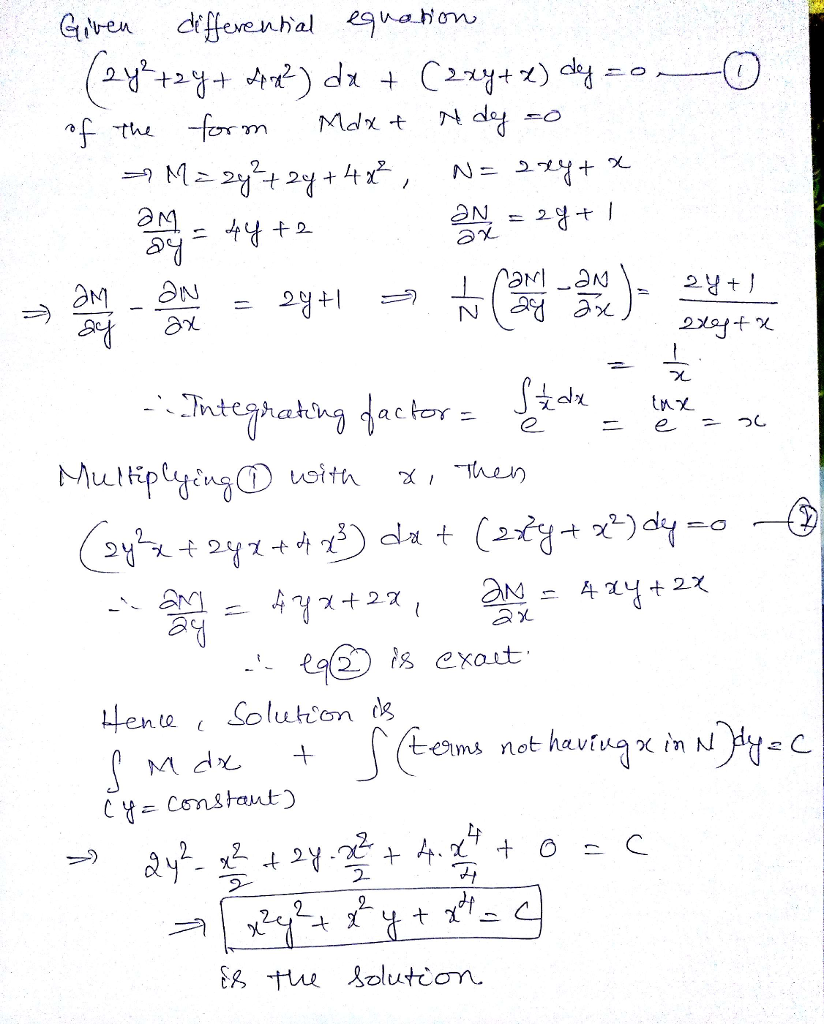Solve The Following Ordinary Differential Equation 2y 2 2y 4x 2 Dx 2xy X Dy 0 Wegglab