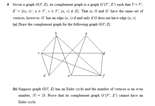 Solved 6 Given A Graph G V E Its Complement Graph Is A Chegg Com