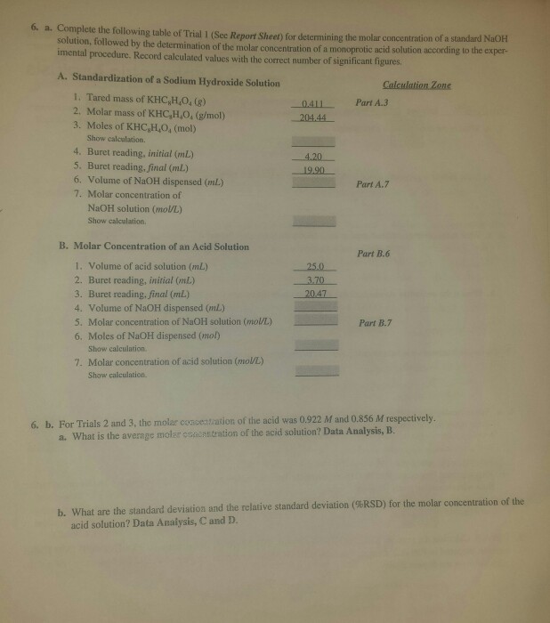 Solved Complete The Following Table Of Trial 1(See Report