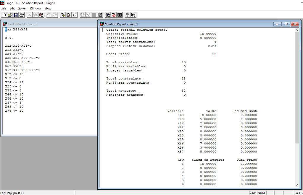 ?Lingo 170-Solution Report-Lingo! File Edit Solver Window Help Lindo Model-Lingo Solution Report - Lingo1 ax X68+X78 Global o