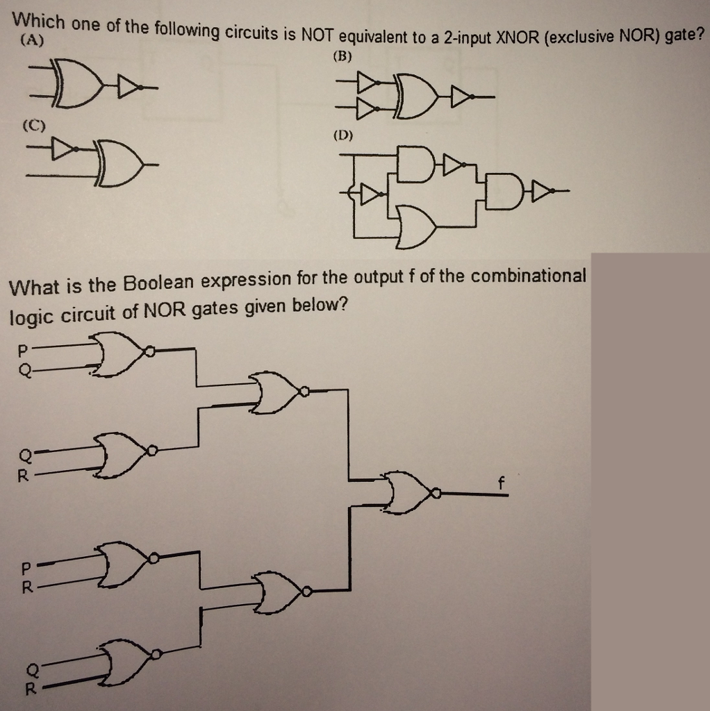 Question: Which one of the following circuits is NOT equivalent to a 2-input XNOR (exclusive NOR) gate? Wh..