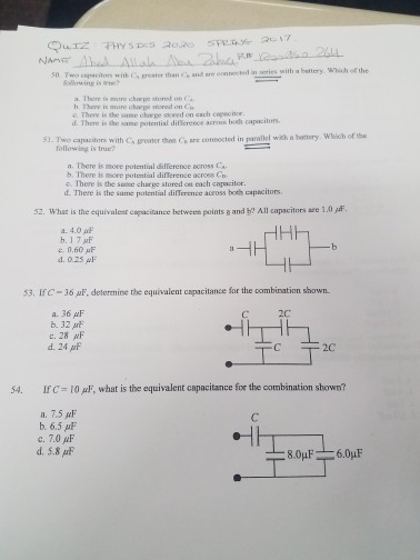 Solved What Is The Equivalent Capacitance Between Points Chegg Com