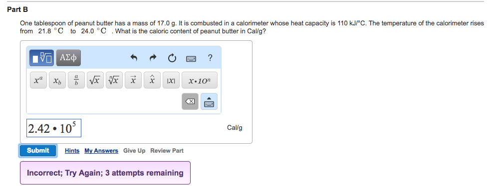 Solved One Tablespoon Of Peanut Butter Has A Mass Of 17 0 Chegg Com