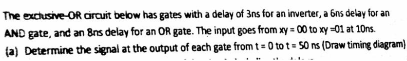 The excusive-OR arcuit below has gates with a delay of 3ns for an inverter, a 6ns delay for an AND gate, and an 8ns delay for an OR gate. The input goes from ny 00 to xy-01 at 10ns. (a) Determine the signal at the output of each gate from t 0 to t = 50 ns (Draw timing diagram)