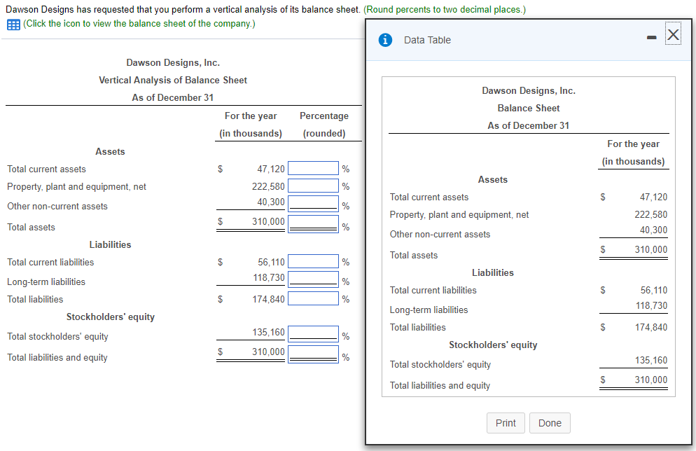 solved dawson designs has requested that you perform a ve vertical analysis of balance sheet