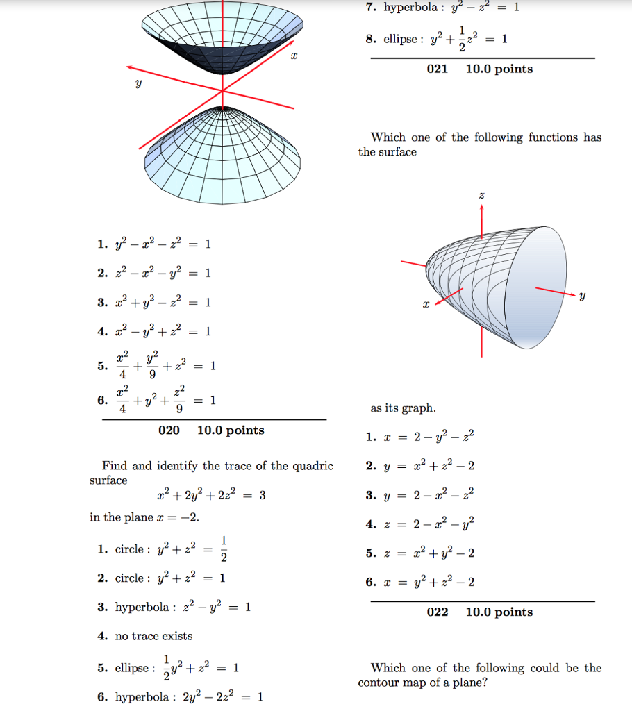 Solved 7 Hyperbola Y2 22 1 8 Ellipse Y2 Z2 1 021 10 0 Chegg Com