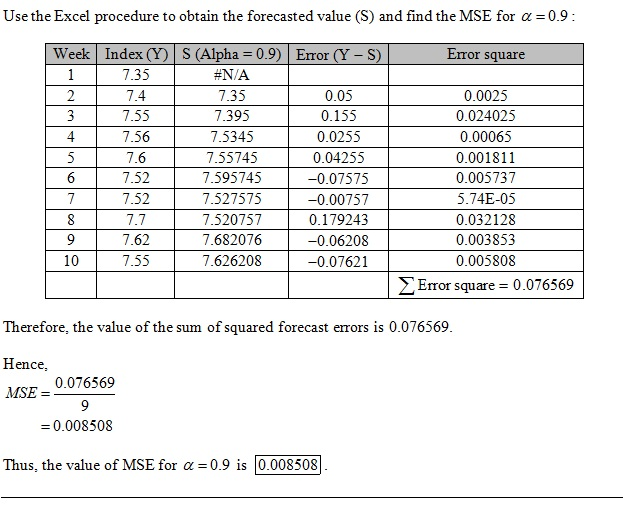 Use the Excel procedure to obtain the forecasted value (S) and find the MSE for a 0.9 Week Index (Y) S (Alpha-0.9) Error (Y -