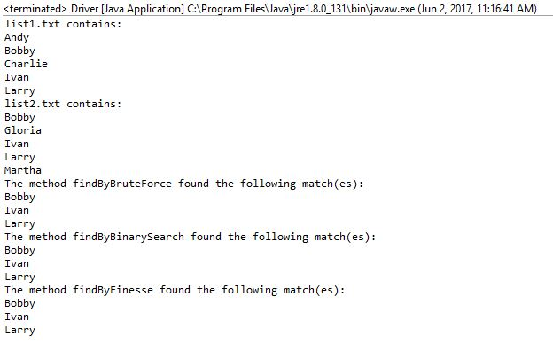 Answered! Goal Build three search algorithms to find matching names in two different lists using Java. ____ Problem... 1