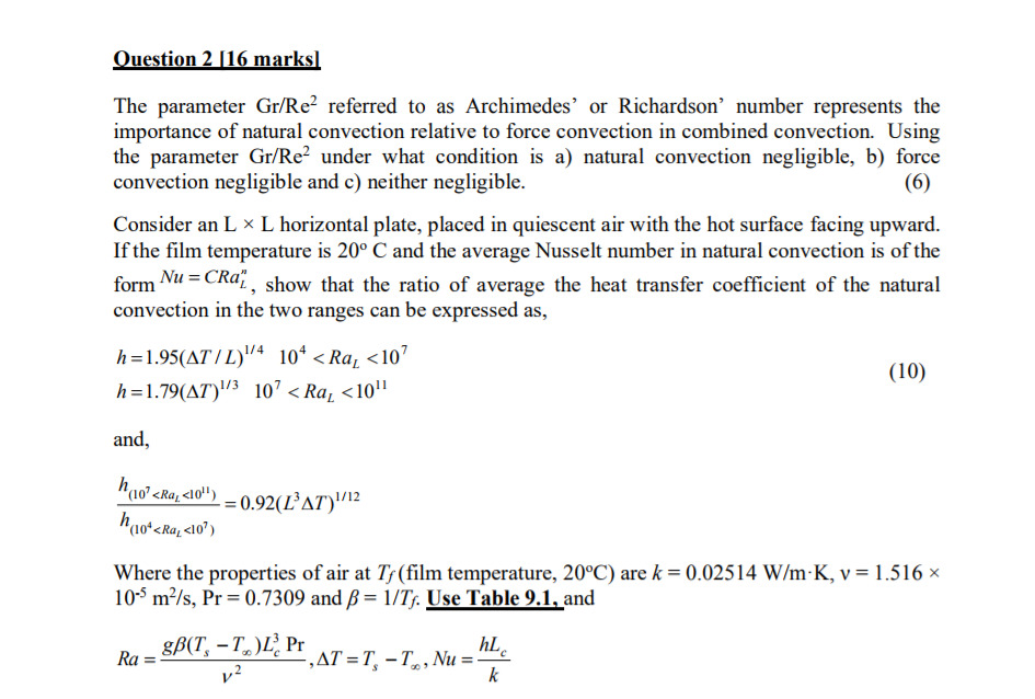 The Parameter Gr Re Referred To As Archimedes Or Chegg Com