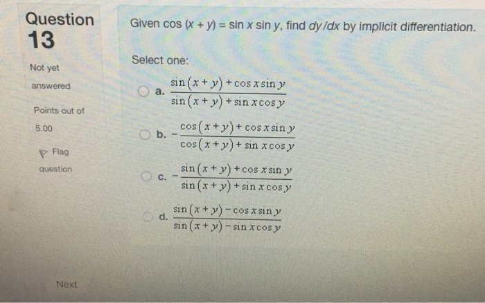 Question 13 On Given Cos X Given Cos X Y Sin X Chegg Com