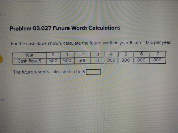 Problem 03.027 Future Worth Calculations For the cash flows shown, calculate the future worth in year 15 at 12% per year Year 0 2 3 4 5 6 Cash flow, S 500 500 500 800800800 800 The future worth is calculated to be $