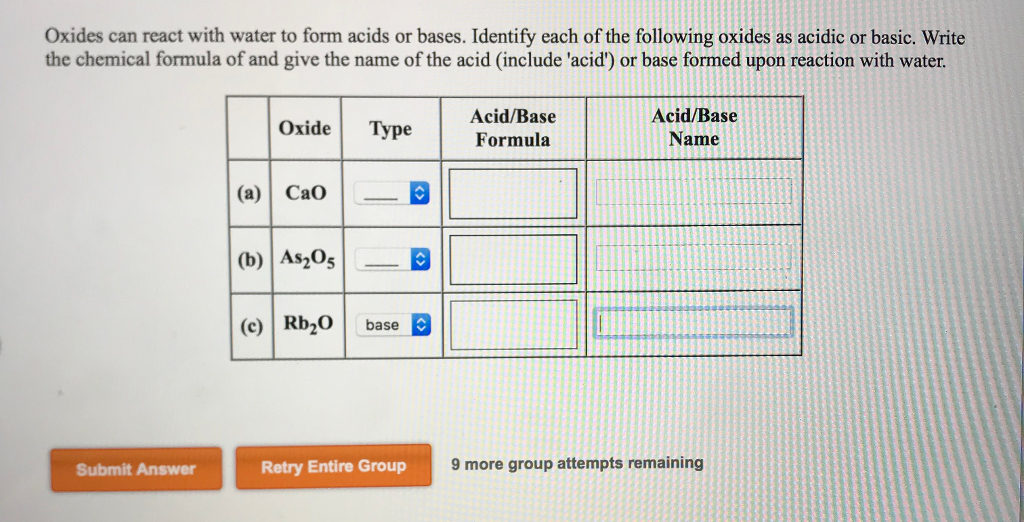 Solved Oxides can react with water to form acids or bases. | Chegg.com