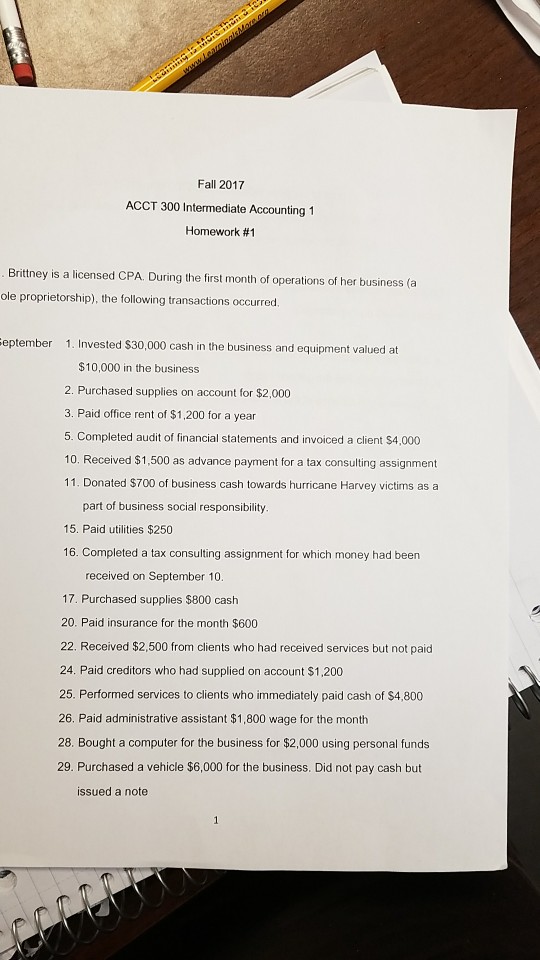 Fall 2017 ACCT 300 Intermediate Accounting 1 Homework #1 Brittney is a licensed CPA. During the first month of operations of her business (a ole proprietorship), the following transactions occurred. eptember 1. Invested $30,000 cash in the business and equipment valued at $10,000 in the business 2. Purchased supplies on account for $2,000 3. Paid office rent of $1,200 for a year 5. Completed audit of financial statements and invoiced a client $4,000 10. Received $1,500 as advance payment for a tax consulting assignment 11. Donated $700 of business cash towards hurricane Harvey victims as a part of business social responsibility 15. Paid utilities $250 16. Completed a tax consulting assignment for which money had been received on September 10. 17. Purchased supplies $800 cash 20. Paid insurance for the month $600 22. Received $2,500 from clients who had received services but not paid 24. Paid creditors who had supplied on account $1,200 25. Performed services to clients who immediately paid cash of $4,800 26. Paid administrative assistant $1,800 wage for the month 28. Bought a computer for the business for $2,000 using personal funds 29. Purchased a vehicle $6,000 for the business. Did not pay cash but issued a note