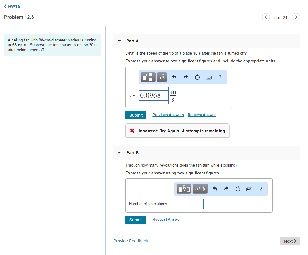 Solved Problem 12 3 5 Of 21 A Ceiling Fan With 88 Cm Dia