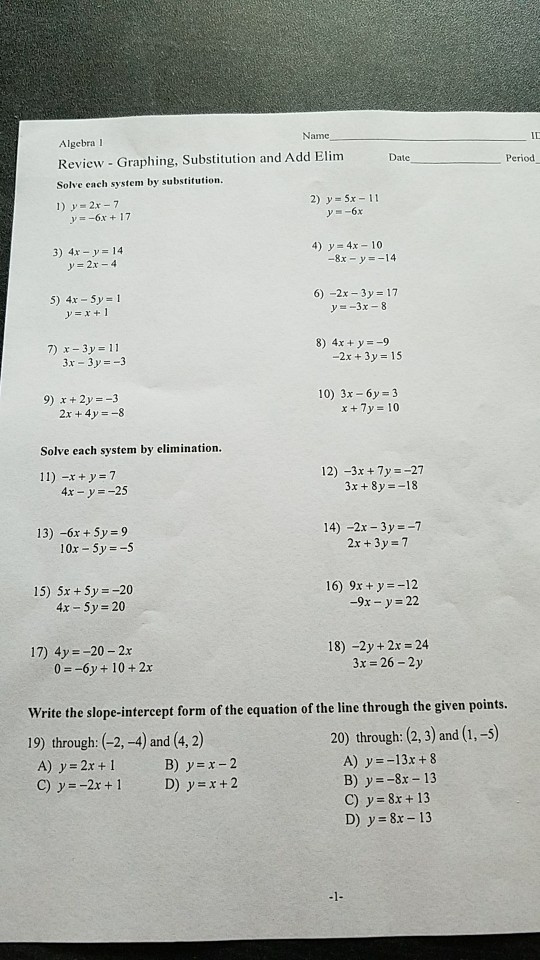 Algebra I Review Graphing Substitution And Add Elim Chegg Com