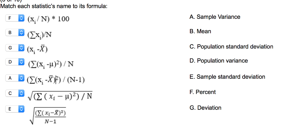 Solved Match Each Statistic S Name To Its Formula X I N Chegg Com