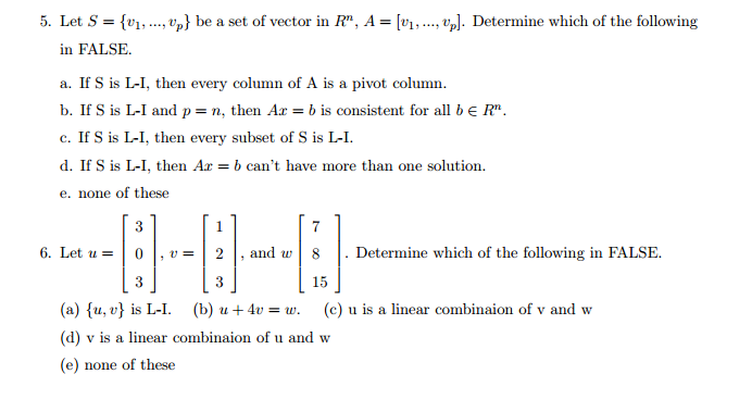 Solved 5 Let S V1 V Be A Set Of Vector In R N Chegg Com