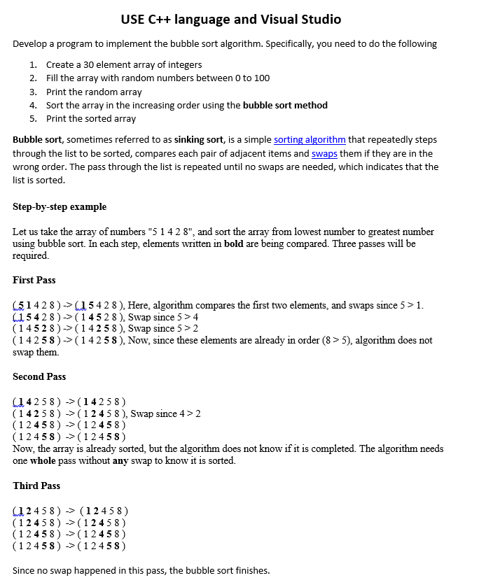 Solved Write a C++ program to implement Bubble Sort and