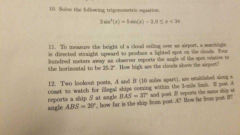 Solved 10 Solve The Following Trigonometric Equation 2 S