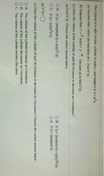 Solved The Volume Of A Right Circular Cylinder Of Radius Chegg Com