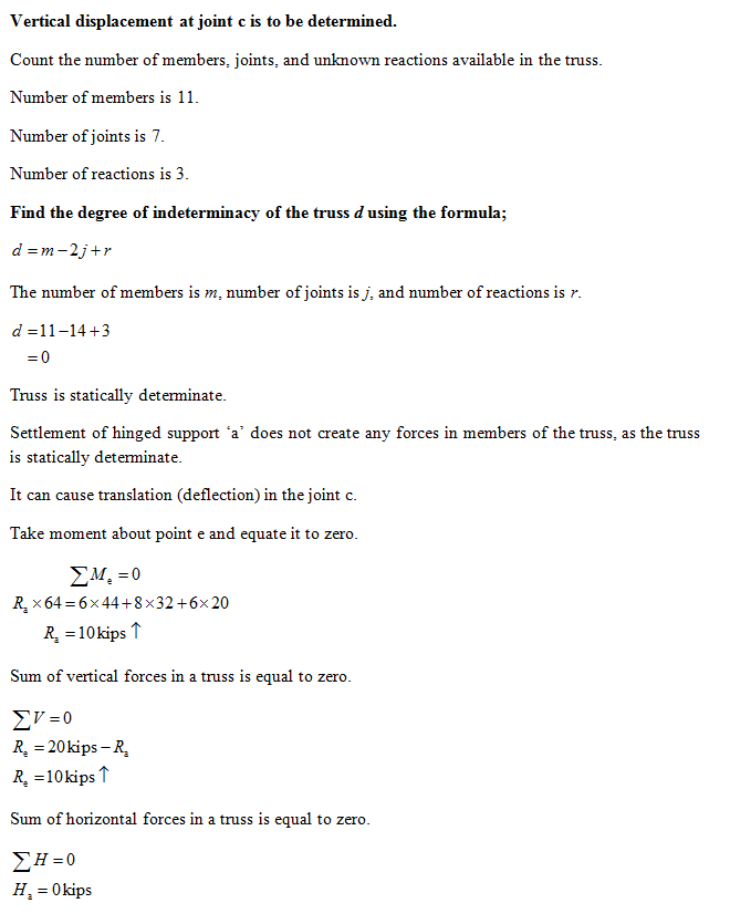 Vertical displacement at joint c is to be determined. Count the number of members, joints, and unknown reactions available in