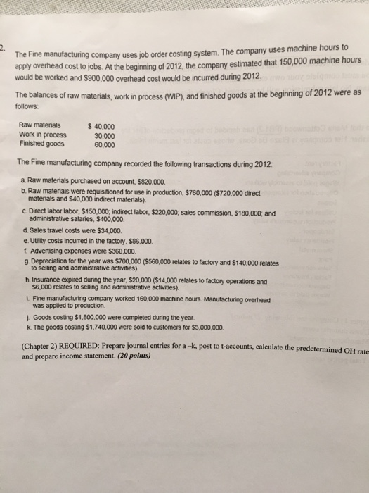 Solved The Fine Manufacturing Company Uses Job Order Cost