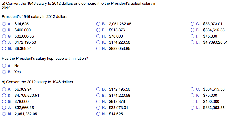 a) Convert the 1946 salary to 2012 dollars and compare it to the Presidents actual salary in 2012 Presidents 1946 salary in 2012 dollars O A. $14,625 C B. 2,051,282.05 O D. 00.000 O E. $918,376 O H. $78,000 O G. $32,666.36 O J. $172,195.50 O K. $174,220.58 CO M. $6,369.94 O N. $883,053.85 Has the Presidents salary kept pace with inflation? O A. No O B. Yes b) Convert the 2012 salary to 1946 dollars. O A. $6,369.94 O B. $172,195.50 C D. $4,709,620.51 O E. $174,220.58 O G. $78,000 O H. $918,376 O J. $32,666.36 O K. $33,973.01 O M. 2,051,282.05 O N. $14,625 C C. $33,973.01 O F. $384,615.38 COI. $75,000 COL. $4,709,620.51 O C. $384,615.38 O F. $75,000 OI. $400,000 OL. $883,053.85