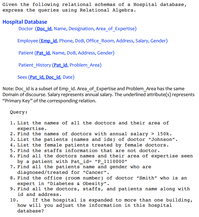 Given the following relational schemas of a Hospital database, express the queries using Relational Algebra. Hospital Database Doctor (Doc id, Name, Designation, Area of Expertise) Employee (Emp id, Phone, DoB, Office Room, Address, Salary, Gender) Patient (Pat id, Name, DoB, Address, Gender) Patient History (Pat id, Problem Area) Sees Pat id, Doc id, Date) Note: Doc id is a subset of Emp id. Area of Expertise and Problem Area has the same Domain of discourse. Salary represents annual salary. The underlined attribute(s) represents Primary Key of the corresponding relation. Query: 1. List the names of all the doctors and their area of expertise. 2. Find the names of doctors with annual salary 3. List the patients (names and ids) of doctor Johnson. 4. List the female patients treated by female doctors 5. Find the staffs information that are not doctor 6. Find all the doctors names and their area of expertise seen by a patient with Pat id P 111 0000 7. Find all the patients name and gender who are diagnosed/ treated for Cancer 8. Find the office (room number) of doctor Smith who is an expert in Diabetes & Obesity 9. Find all the doctors, staffs, and patients name along with id and address. If the hospital is expanded to more than one building 10 how will you adjust the information in this hospital database
