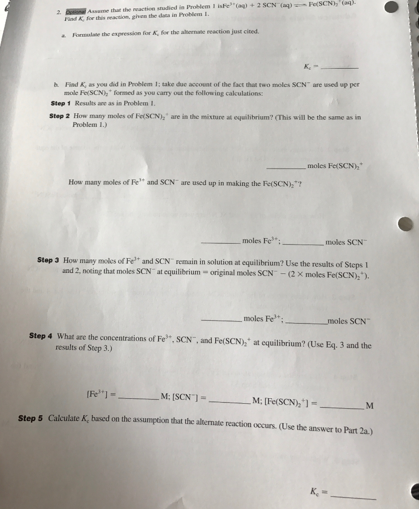 Determination of the equilibrium constant for a chemical reaction