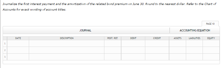 Joumalize the first interest payment and the amortization of the related bond premium on june 30. round to the nearest dollar. refer to the chart of accounts for exact wording of account titles. page 10 journal accounting equation date description post. ref debit credit assets liabilities