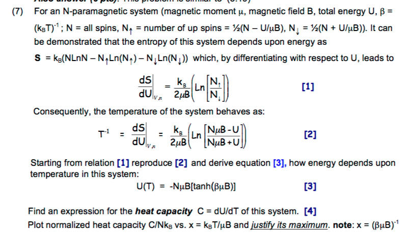 Solved 7 For An N Paramagnetic System Magnetic Moment Chegg Com