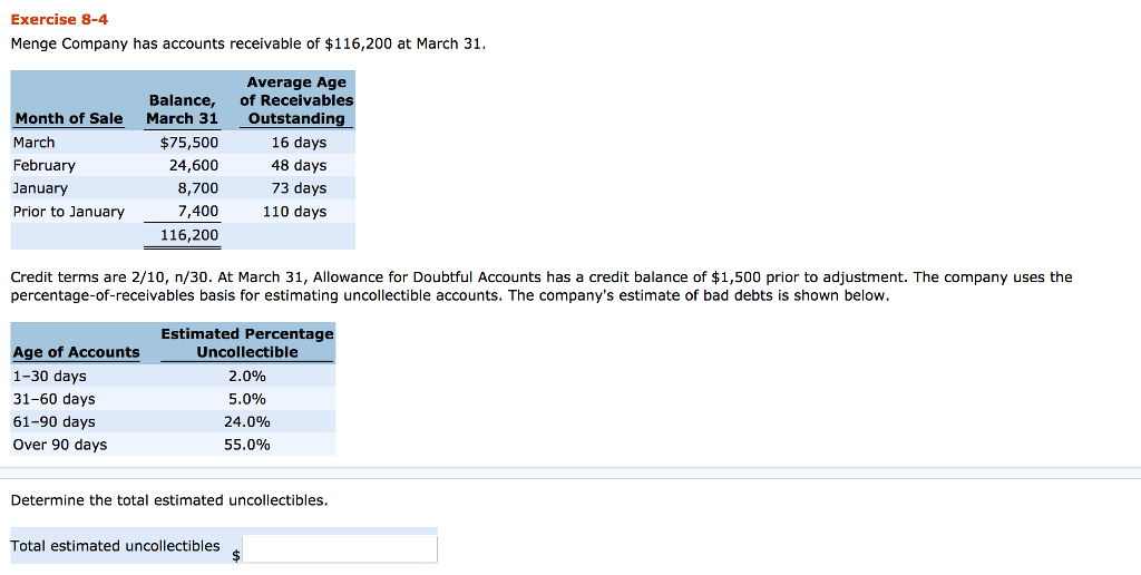 Solved Exercise 84 Menge Company Has Accounts Receivable