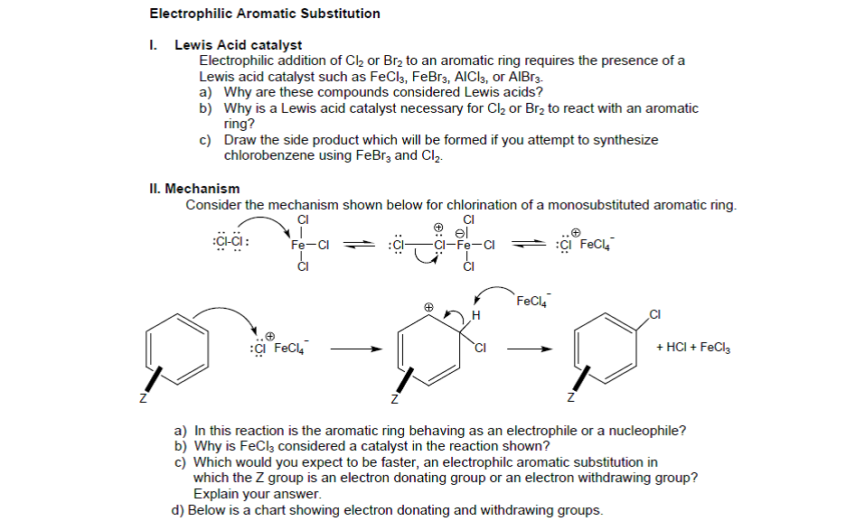 Lewis Acid catalyst Electrophilic addition of Cl2 or Br2 to an aromatic rin...